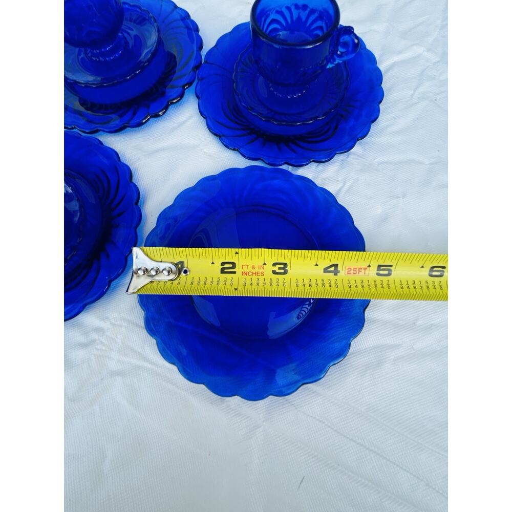 Vintage Doll Size Place Setting Cobalt Blue Glass 4 Plates 4 Teacups 4 Saucers - Picture 8 of 16